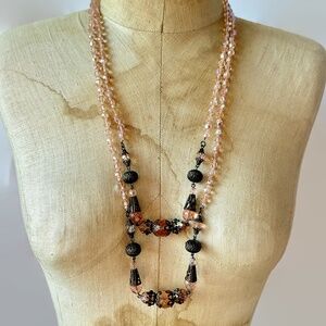 Pink Necklace, Crystal, 56" Long, Beaded, AB,Ornate Metal, Stunning, Vintage